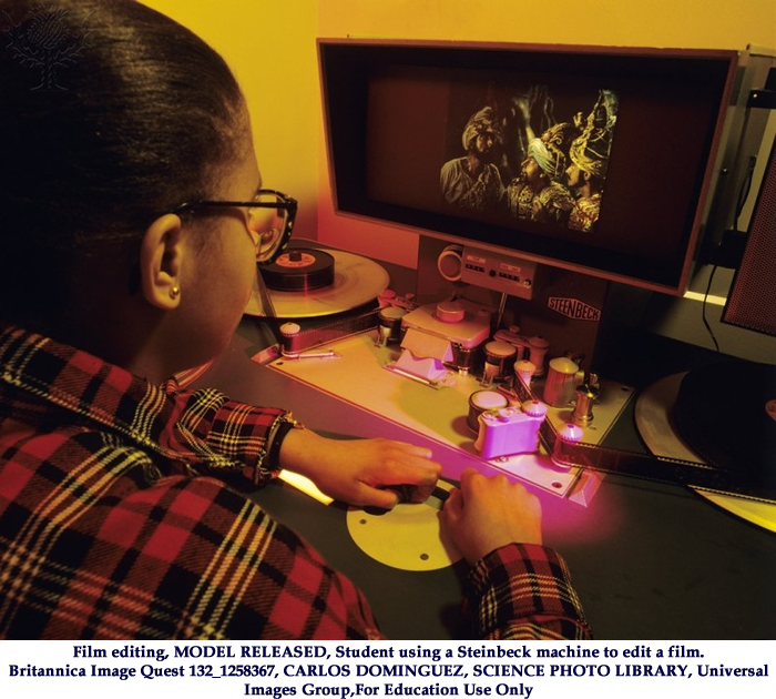 Film editing, MODEL RELEASED, Student using a Steinbeck machine to edit a film. She is using controls to advance and rewind the film through the viewing device as she watches the screen. Britannica Image Quest 132_1258367
CARLOS DOMINGUEZ, SCIENCE PHOTO LIBRARY, Universal Images Group,For Education Use Only